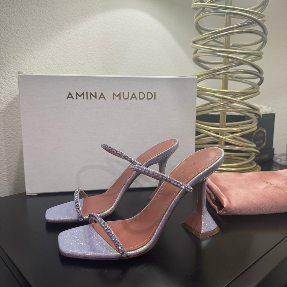 Amina Muaddi Gilda 95 Crystal Glitter Sandal Purple Iridescent 37